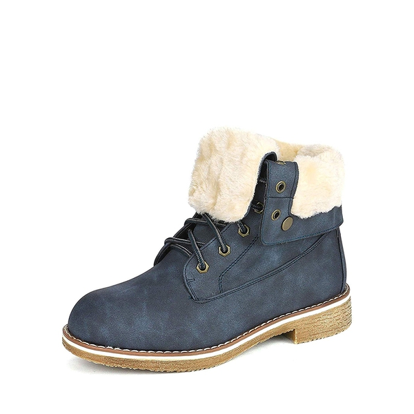 Fur Lined Lace Up Combat Ankle Boots - DARK BLUE -  0
